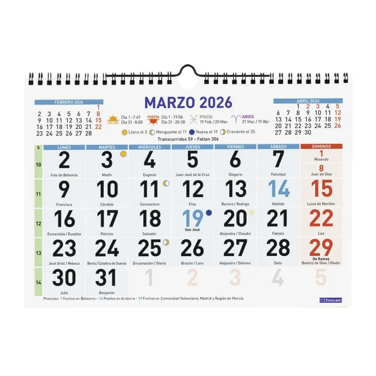 Calendario pared color 2026 números grandes<Finocam Clearance
