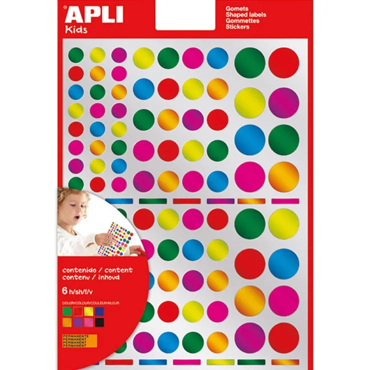 Gomets redondos colores metalizados 6 láminas<Apli Discount