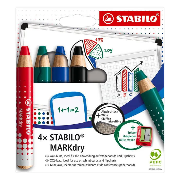 Lápiz color para pizarra blanca Markdry caja 4 colores<Stabilo Online