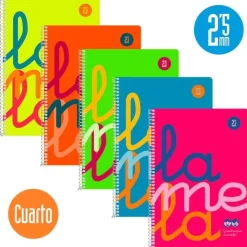 Pack de 5 blocs cuarto cuadrovía 2,5mm. 80 hojas tapa polipropileno colores flúor surtidos<Lamela