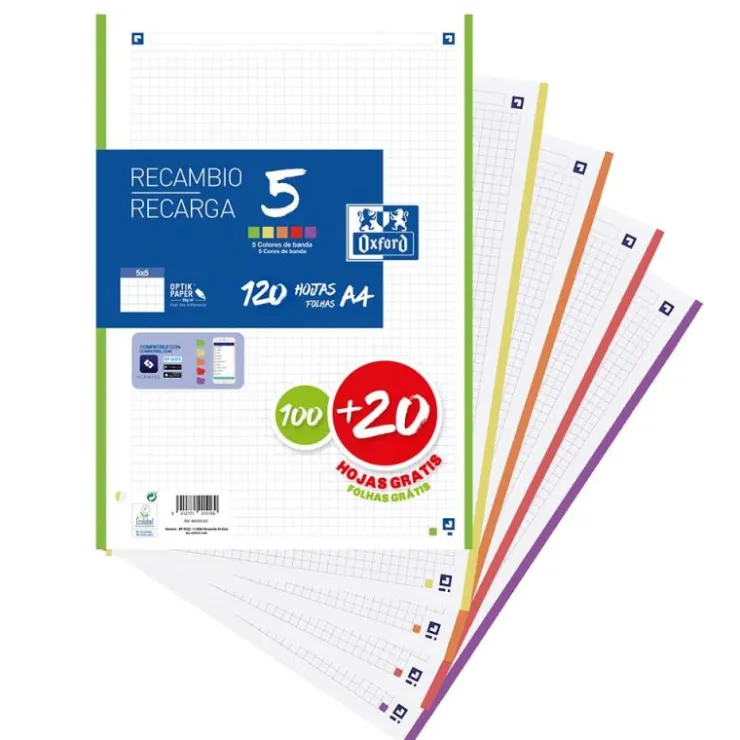 Recambio A4 cuadrícula 5x5 120hj 4 taladros colores vivos<Oxford Outlet