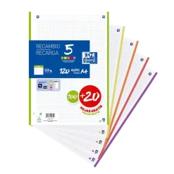 Recambio A4 cuadro 4mm. 5 colores vivos 4 taladros<Oxford Hot